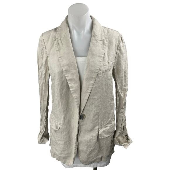 Zara Linen Beige Tan One Button Notch Collar Long Sleeve Blazer Coat Jacket XS - Picture 1 of 3